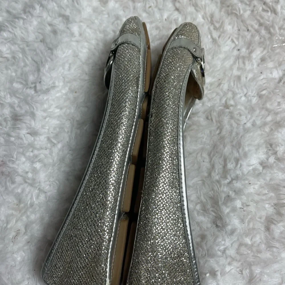 MICHAEL KORS SLIP ON MK LOGO SILVER GLITTER FLAT SHOES SIZE 10NARROW